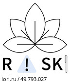 Leaf integrated with an exclamation mark inside a triangle replacing the A in the word RISK. Ideal for warnings, safety alerts, environmental messages, health advisories, risk assessments. Leaf with Exclamation Mark in Triangle Highlighting the Word Risk Signifying Caution and Awareness. Стоковая иллюстрация, агентство Ingram Publishing / Фотобанк Лори