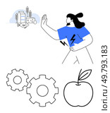 Woman gesturing stop towards dairy and fish, emphasizing healthy choices. Gears, apple add themes of productivity and wellness. Ideal for health, diet, wellness, productivity, lifestyle balance. Woman rejecting unhealthy food near gears and apple representing health and productivity. Стоковая иллюстрация, агентство Ingram Publishing / Фотобанк Лори