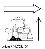 Industrial factory emitting smoke from stacks, accompanied by thick arrows pointing right and upwards. Ideal for economic growth, industrial development, direction, progress, manufacturing. Industrial factory with smoke stacks and direction arrows indicating progress and growth. Стоковая иллюстрация, агентство Ingram Publishing / Фотобанк Лори