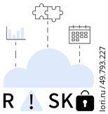 Bar chart, puzzle pieces, calendar, and security lock connected to a cloud labeled RISK. Ideal for data security, cloud computing, risk management, planning, business strategy IT solutions project. Cloud-based Risk Management Integrating Bar Chart, Puzzle Pieces, Calendar, and Security Lock. Стоковая иллюстрация, агентство Ingram Publishing / Фотобанк Лори