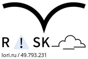 Overhanging curve above letters R and SK with exclamation mark forming an I, followed by a cloud. Ideal for business strategy, finance, insurance, safety, project management, decision-making. Creative representation of risk with an overhanging curve, exclamation mark, and a cloud shape. Стоковая иллюстрация, агентство Ingram Publishing / Фотобанк Лори