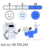 Satisfaction scale with 3 faces happy neutral, sad and numbers 0, 5, 10. Robot pointing, instructor writing on board with book, mathematical graph. Ideal for education, feedback, technology. Visual Representation of Satisfaction Scale, Feedback, and Learning with Robot and Instructor. Стоковая иллюстрация, агентство Ingram Publishing / Фотобанк Лори