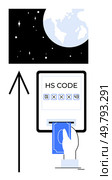 Hand inserting card into machine labeled HS CODE, upward arrow, earth and space above. Ideal for business automation, global trade, finance technology, data input systems, international commerce. Hand inserting card into HS code machine with earth and space backdrop, upward arrow direction. Стоковая иллюстрация, агентство Ingram Publishing / Фотобанк Лори