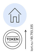 House symbol and crypto token with upward arrow. Ideal for finance, real estate, investment, technology, growth, innovation, digital economy themes. Line metaphor. Future of Digital Assets The Intersection of Homeownership and Cryptocurrency. Стоковая иллюстрация, агентство Ingram Publishing / Фотобанк Лори
