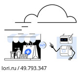 Pharmacy storefront shopping bag with medical cross, robot assistant, cloud symbol. Ideal for healthcare technology, robotics, AI, online pharmacy, 247 services, medication delivery, telehealth. Robotics in Pharmaceutical Delivery Simplifying 247 Access to Medication and Healthcare Products. Стоковая иллюстрация, агентство Ingram Publishing / Фотобанк Лори