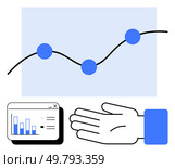 Graph with blue nodes, a bar chart on a webpage, and a hand extended. Ideal for business, management, finance, data analysis, teamwork growth visualization responsibility. Line metaphor. Analyzing Data Trends with Graphs, Charts, and Hand-Holding Business Responsibility. Стоковая иллюстрация, агентство Ingram Publishing / Фотобанк Лори