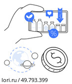Hand holding a smartphone displaying pharmaceutical products, sale and discount icons. Coin with dollar sign represents savings. Planet and orbits signify global impact. Ideal for e-commerce. Online Shopping for Pharmaceuticals with Global Impact and Financial Savings. Стоковая иллюстрация, агентство Ingram Publishing / Фотобанк Лори