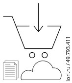 Shopping cart with download arrow above documents and cloud icon. Ideal for e-commerce, digital downloads, cloud storage, online shopping, data management, document storage, digital media. Line. Shopping cart with download arrow above documents and cloud, symbolizing digital content and cloud storage. Стоковая иллюстрация, агентство Ingram Publishing / Фотобанк Лори