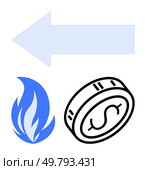 Blue arrow indicating direction above a blue flame and a coin with dollar sign. Ideal for financial growth, business direction, investment strategies, monetary decisions, economic trends, saving. Blue arrow pointing left above a blue flame and a black coin with a dollar sign, suggesting financial movement. Стоковая иллюстрация, агентство Ingram Publishing / Фотобанк Лори