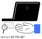 Laptop with globe icon, magnified rising graph, open hand in blue cuff. Ideal for business, digital solutions, growth, analysis, technology global reach data interpretation. Line metaphor. Laptop with globe, graph magnified, hand open business growth, digital solutions, global reach. Стоковая иллюстрация, агентство Ingram Publishing / Фотобанк Лори