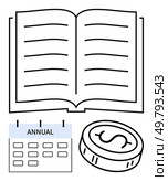 Open book with lined pages, annual calendar with blue header, and coin with dollar sign. Ideal for financial planning, budgeting, annual reporting, education, savings strategies, business management. Open Book, Annual Calendar, and Coin Representing Financial Planning and Budgeting. Стоковая иллюстрация, агентство Ingram Publishing / Фотобанк Лори
