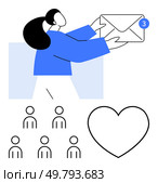 Female figure holding large envelope while heart symbol and group of people icons signify connection, communication, relationships, networking, social engagement. Ideal for social media, email. Person Holding Envelop, People Icons and Heart Symbol for Connection and Communication Concept. Стоковая иллюстрация, агентство Ingram Publishing / Фотобанк Лори