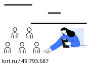 Female recruiter clipboard six applicants, minimalist style. Ideal for recruitment, hiring, human resources, job interviews, corporate business, office teamwork, employment processes. Line metaphor. HR Recruiter Selecting Candidate from Pool of Applicants with Clipboard. Стоковая иллюстрация, агентство Ingram Publishing / Фотобанк Лори