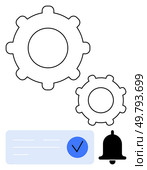 Two gears of different sizes next to a notification bell and a blue-checkbox task element. Ideal for task management, notifications, productivity, workflows, settings, user interface, project. Two gears, notification bell, and UI task element with a blue checkmark indicating task completion. Стоковая иллюстрация, агентство Ingram Publishing / Фотобанк Лори