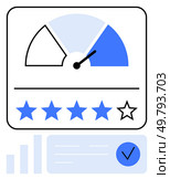 Gauge showing customer satisfaction with blue needle and stars rating below. Approval checkmark indicating success. Ideal for feedback, reviews, satisfaction, monitoring, evaluation, reputation. Customer Satisfaction Gauge with Rating Stars and Approval Checkmark. Стоковая иллюстрация, агентство Ingram Publishing / Фотобанк Лори