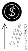 Dollar symbol coin with various upwards-facing arrows representing financial growth, investment returns, and economic progress. Ideal for finance, investment, banking, economic development, business. Dollar Symbol Coin with Upward Arrows Indicating Financial Growth and Investment Progress. Стоковая иллюстрация, агентство Ingram Publishing / Фотобанк Лори