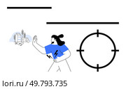 Female figure in blue shirt raising hand towards factory and crops, accompanied by crosshair target. Ideal for environmental protection, industry regulation, sustainable farming, health impact. Female figure halting factory and crop production with crosshair target symbolizing impact assessment. Стоковая иллюстрация, агентство Ingram Publishing / Фотобанк Лори