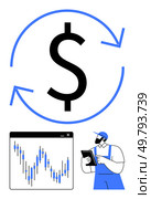 Large dollar sign with arrows, chart with fluctuating graph, worker with tablet. Ideal for finance, investments, economic growth, market analysis, data interpretation, business planning economic. Financial analyst studying market trends and data for investment strategies and economic insights. Стоковая иллюстрация, агентство Ingram Publishing / Фотобанк Лори