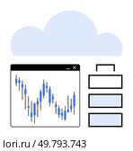 Chart graph within a window next to an organizational chart and a cloud icon. Ideal for cloud computing, data visualization, business strategies, technology, data management, teamwork, project. Cloud Computing with Data Visualization and Organizational Chart Elements. Стоковая иллюстрация, агентство Ingram Publishing / Фотобанк Лори