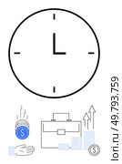 Large clock indicating time, hand with coins, briefcase, bar graphs with upward arrows representing growth, and currency symbols. Ideal for business, finance, productivity, investment planning. Time management concept with clock, financial growth with briefcase, coins, and rising graph arrows. Стоковая иллюстрация, агентство Ingram Publishing / Фотобанк Лори
