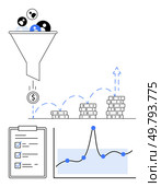 Funnel transforming users into profits, coin symbolizing currency flow, stacked coins, checklist enhancing productivity, line chart tracking performance. Ideal for marketing, finance, business. Visual Representation of Marketing Funnels and Business Growth Strategies. Стоковая иллюстрация, агентство Ingram Publishing / Фотобанк Лори