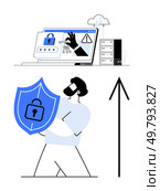 Man holding shield with padlock, symbolizing protection, in front of laptop screen showing padlock, key, and warning. Ideal for cybersecurity, data protection, privacy, online security information. Digital Security with Encrypted Login and Shield Protection Symbol, Highlighting Privacy Measures. Стоковая иллюстрация, агентство Ingram Publishing / Фотобанк Лори