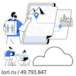 Two people discussing journey route on tablet, one pointing at map highlighting mountains and a castle. Ideal for travel planning, adventure guides, hiking apps, GPS tech, tourism, digital maps. Interactive map with two adventurers planning route to different landmarks using digital tablet. Стоковая иллюстрация, агентство Ingram Publishing / Фотобанк Лори