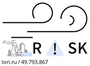 Swirling lines suggesting turbulence or wind near industrial buildings with smoke stacks, emphasizing risks. Ideal for environmental awareness, industrial safety, risk management, pollution control. Conceptual representation of industrial risks and environmental hazards with symbolic elements. Стоковая иллюстрация, агентство Ingram Publishing / Фотобанк Лори