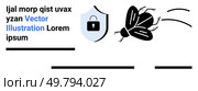 Shield with lock represents security, while a virus moves towards it. Ideal for cybersecurity, data protection, IT solutions, threat prevention, security awareness, online safety, and tech blogs. Cybersecurity Threats and Protection Concept with Shield and Malware Vector. Стоковая иллюстрация, агентство Ingram Publishing / Фотобанк Лори