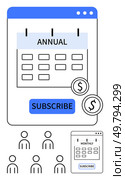 Calendar with annual subscription option, monthly subscription on smaller screen, two coins, five user icons, Subscribe button. Ideal for business plans, membership models, pricing, financial. Subscription Plans Dashboard with Annual and Monthly Options, Pricing, and User Engagement. Стоковая иллюстрация, агентство Ingram Publishing / Фотобанк Лори