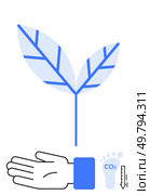 Hand reaching towards leaf, symbolizing growth and sustainability. Carbon footprint and thermometer indicate environmental impact. Ideal for themes on sustainability, growth, eco-friendly practices. Hand with Leaf and Carbon Footprint Symbolizing Eco-Friendly Practices. Стоковая иллюстрация, агентство Ingram Publishing / Фотобанк Лори