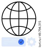 Globe with interconnected lines symbolizing global reach, blue checkbox on form represents approval, gear icon denotes system settings. Ideal for internet, approval processes, technology, global. Global Connectivity with Web Communication and System Settings Concept. Стоковая иллюстрация, агентство Ingram Publishing / Фотобанк Лори