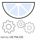 Half lemon slice with blue segments positioned above three gears with different sizes. Ideal for industrial creativity, productivity, efficiency, innovation, machinery, food industry, and teamwork. Half Lemon Slice Over Three Gears in Simple Black and Blue Outlined Design. Стоковая иллюстрация, агентство Ingram Publishing / Фотобанк Лори