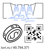 Flowing digital data represented as streams connecting to conventional currency and QR code, symbolizing modern financial integration. Ideal for fintech, banking, e-commerce, digital payments. Digital Financial Integration Depicted by QR Code, Coin, and Flowing Digital Streams. Стоковая иллюстрация, агентство Ingram Publishing / Фотобанк Лори