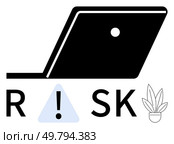 Laptop silhouette with caution exclamation mark in a triangle, spelled RISK with the letter I replaced. Ideal for warnings, online safety, cyber security, project risk management, tech danger. Laptop with Caution Exclamation Mark Surrounded by RISK Text and Plant Pot. Стоковая иллюстрация, агентство Ingram Publishing / Фотобанк Лори