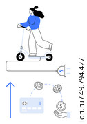 Woman on electric scooter powered by plug icon, nearby dollar coins, credit card, and an upward arrow. Ideal for sustainability, transportation, finance, technology, eco-friendly living saving. Woman riding an electric scooter with financial elements representing cost-effectiveness and savings. Стоковая иллюстрация, агентство Ingram Publishing / Фотобанк Лори