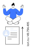 Person meditating in lotus position above a resume with upward arrow. Ideal for stress reduction, career growth, productivity, focus, balance, mindfulness, personal development. Line metaphor. Mindful Job Application Balancing Stress and Focus in Your Career Journey. Стоковая иллюстрация, агентство Ingram Publishing / Фотобанк Лори