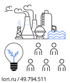Industrial complex with chimneys and tanks, eco-friendly light bulb, human figures. Ideal for themes sustainability, innovation, green energy, community, industry, collaboration, future development. Sustainable Industry with Green Innovation and Community Involvement for Future Development. Стоковая иллюстрация, агентство Ingram Publishing / Фотобанк Лори