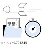 Rocket in flight stopwatch indicating urgency, and binary code document in a file folder. Ideal for concepts of time management, technology, data processing, efficiency, speed, deadlines, fast-paced. Rocket, Stopwatch, Binary Code Document in File Folder Representing Speed, Technology, Data. Стоковая иллюстрация, агентство Ingram Publishing / Фотобанк Лори