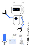 Robot with antennas and claws, surrounded by microphone, credit card, money symbols, and a hand. Ideal for automation, finance, AI fintech voice recognition online payment customer service. Line. Friendly robot assisting with financial transactions and voice commands, showcasing modern technology. Стоковая иллюстрация, агентство Ingram Publishing / Фотобанк Лори