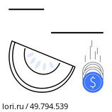 Watermelon slice accompanied by falling dollar coins, symbolizing profit from fruit sales. Ideal for agriculture, investments, economy, business growth, financial success, profit, and market. Watermelon slice and dollar coins falling, depicting investment returns from agricultural produce. Стоковая иллюстрация, агентство Ingram Publishing / Фотобанк Лори