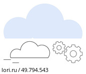 Two gear icons beside simple cloud illustrations. Ideal for cloud services, technology, software development, IT infrastructure, automation, industry 4.0 online platforms. Line metaphor. Cloud Computing Concept with Two Gears and Simple Cloud Icons in Minimalist Style. Стоковая иллюстрация, агентство Ingram Publishing / Фотобанк Лори
