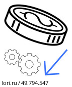 Coin with dollar sign above two gears and downward arrow suggests economic decline, finance, market analysis, business strategy, financial issues, investment challenges. Ideal for finance, economy. Coin with Dollar Sign Over Gears and Downward Arrow Highlighting Economic Decline. Стоковая иллюстрация, агентство Ingram Publishing / Фотобанк Лори