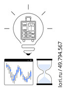 Lightbulb with suitcase, declining line graph, and hourglass representing planning, strategy, and time management. Ideal for business presentations, project planning, investment strategies. Concept of Planning and Time Management for Business Solutions with Graph, Suitcase, Hourglass. Стоковая иллюстрация, агентство Ingram Publishing / Фотобанк Лори