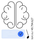 Brain formed by abstract lines above a checklist with blue tick mark and check box. Ideal for mental health, cognitive development, education, productivity, decision-making, analysis, creativity. Abstract Brain Illustration with Checklist and Tick Mark for Cognitive and Analytical Themes. Стоковая иллюстрация, агентство Ingram Publishing / Фотобанк Лори