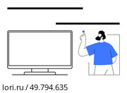Person pointing at a large blank screen while holding a blue marker. Ideal for presentations, teaching, explaining, digital education, training, tutorials, corporate meetings, and strategy sessions. Person Explaining Concept on Blank Screen with Pointer and Simplified Design Elements. Стоковая иллюстрация, агентство Ingram Publishing / Фотобанк Лори