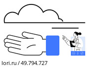 Cloud, outstretched hand, healthcare professional, clipboard, speech icons. Ideal for healthcare tech, medical data, remote consultation, telemedicine cloud storage communication patient care. Cloud Computing in Healthcare Symbols of Technology Integration and Medical Services. Стоковая иллюстрация, агентство Ingram Publishing / Фотобанк Лори
