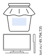 Computer monitor with stylus and jar with lid suggesting digital creativity and storage solutions. Ideal for technology, creativity, storage concepts, digital art, design, workspaces, organization. Computer with Stylus and a Jar with Lid, Representing Digital Creativity and Storage. Стоковая иллюстрация, агентство Ingram Publishing / Фотобанк Лори