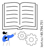 Woman pointing at two gears alongside an open book with lines of text. Ideal for education, training, instructional manuals, knowledge sharing, progress, teamwork, tutorials. Line metaphor. Woman pointing at gears next to an open book, representing learning and implementation processes. Стоковая иллюстрация, агентство Ingram Publishing / Фотобанк Лори