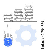 Coins stacking into piles, falling coins, and a cogwheel representing financial growth. Ideal for economics, business strategies, financial planning, investment ideas, wealth management, process. Coins stacking into piles beside falling coins and a cogwheel representing financial growth and process. Стоковая иллюстрация, агентство Ingram Publishing / Фотобанк Лори